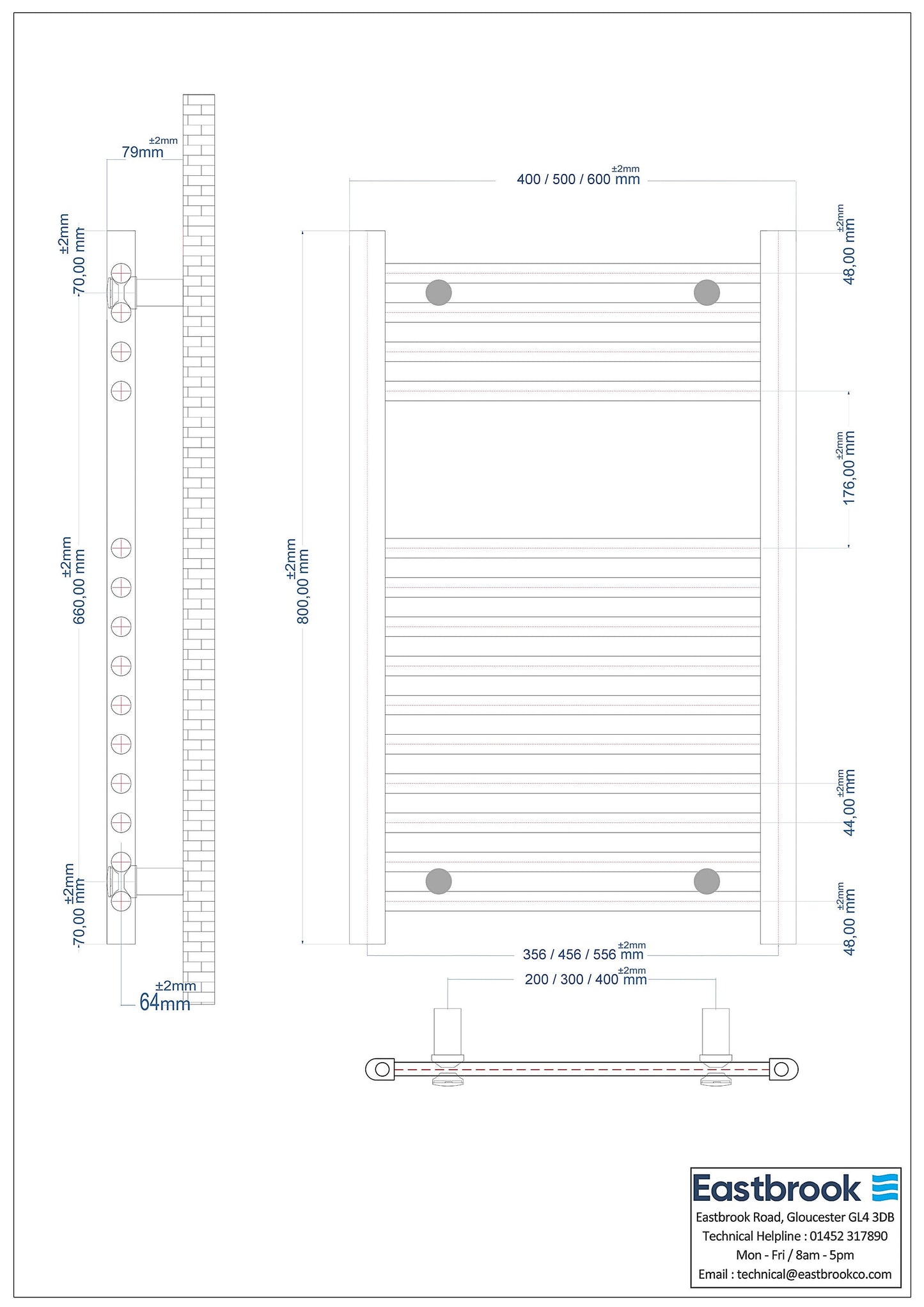 Eastbrook Wingrave Electric Straight Matt White Towel Rail 800mm x 600mm Technical Image 89.0063-ELE