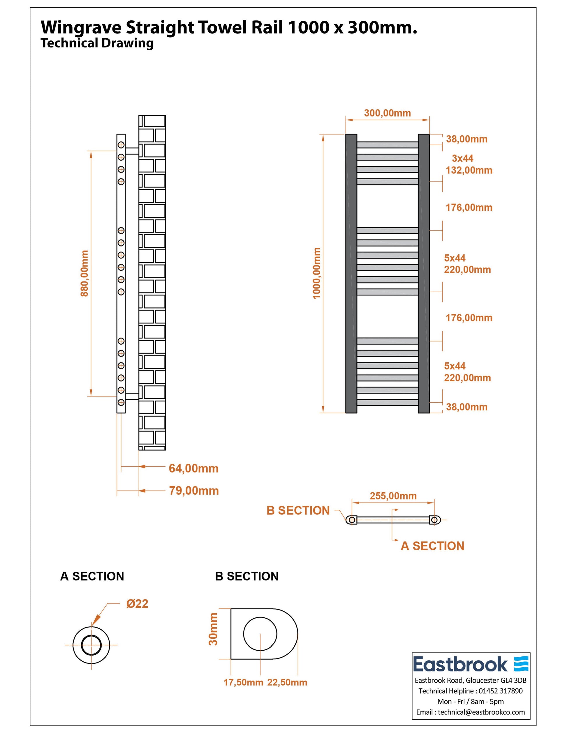 Eastbrook Wingrave Straight Gloss White Towel Rail 1000mm x 300mm Technical Image 89.0651