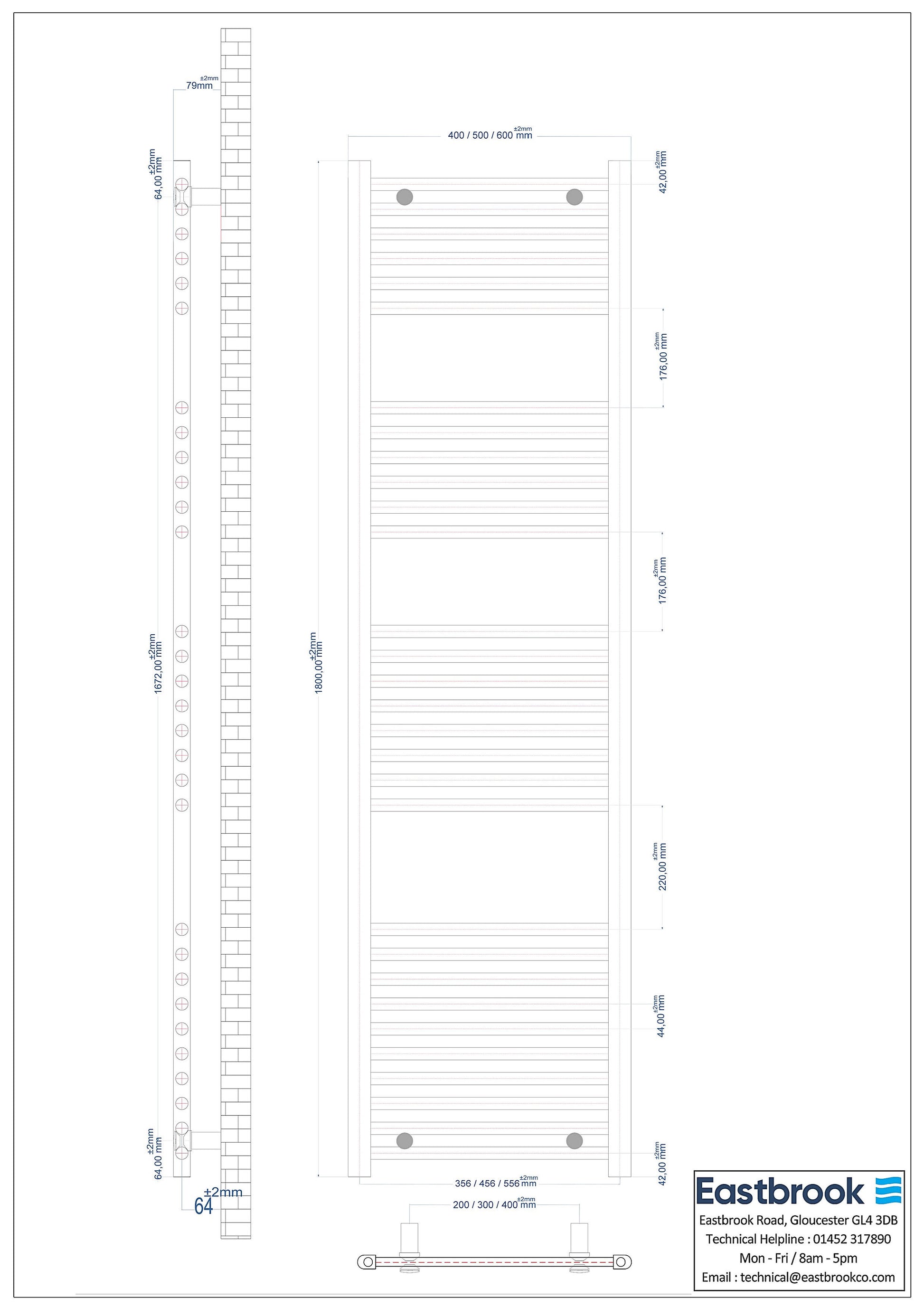 Eastbrook Wingrave Straight Gloss White Towel Rail 1800mm x 600mm Technical Image 89.0127