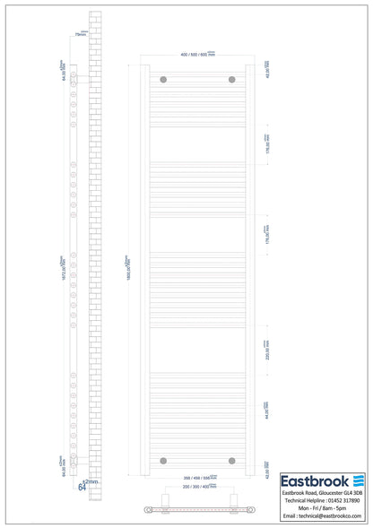 Eastbrook Wingrave Straight Gloss White Towel Rail 1800mm x 600mm Technical Image 89.0127