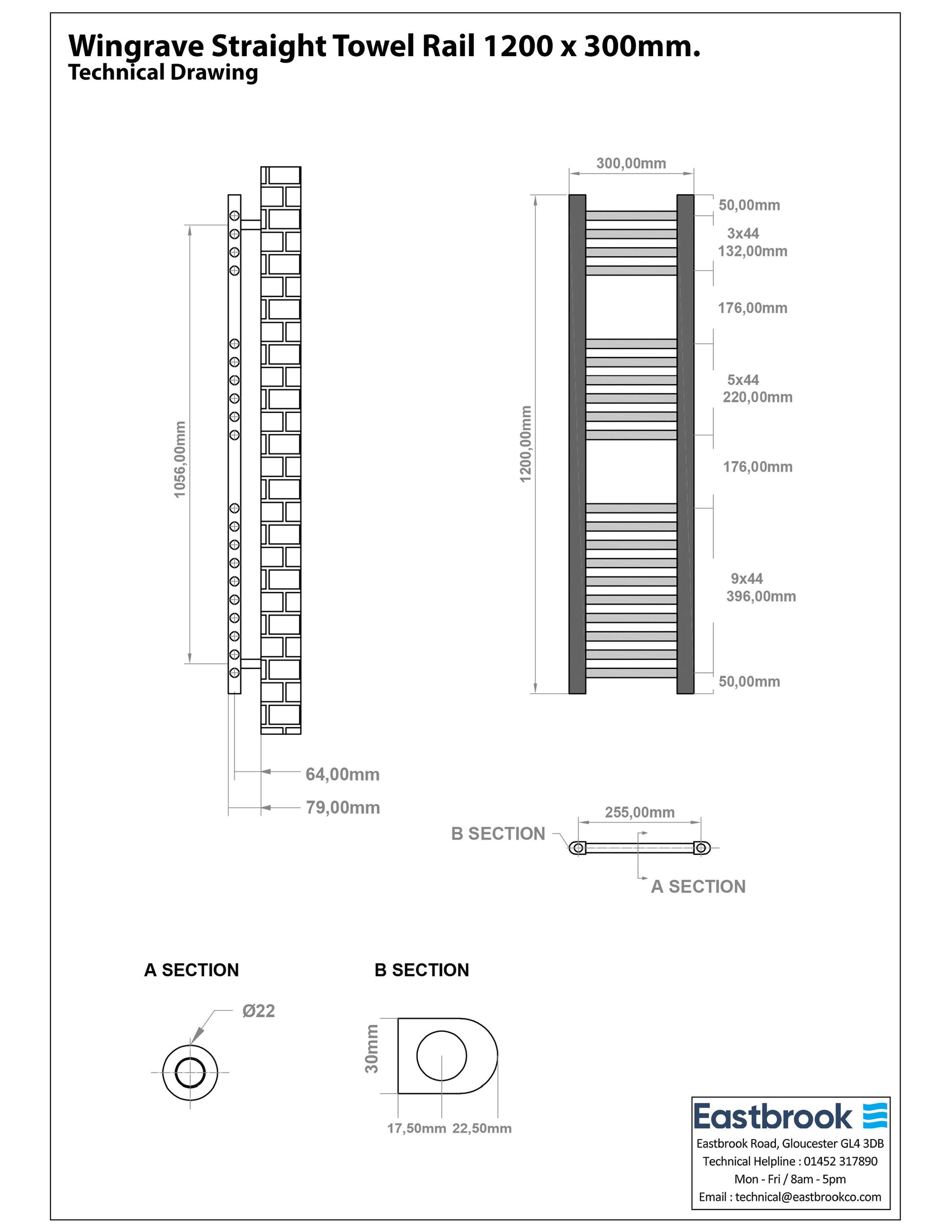 Eastbrook Wingrave Straight Matt Anthracite Towel Rail 1200mm x 300mm Technical Image 89.0672