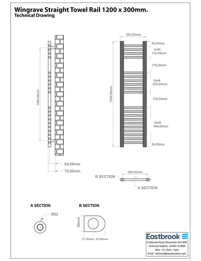 Eastbrook Wingrave Straight Matt Anthracite Towel Rail 1200mm x 300mm Technical Image 89.0672