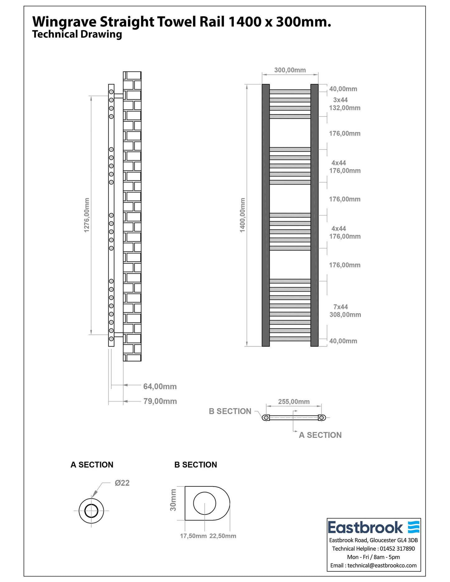 Eastbrook Wingrave Straight Matt Anthracite Towel Rail 1400mm x 300mm Technical Image 89.0673