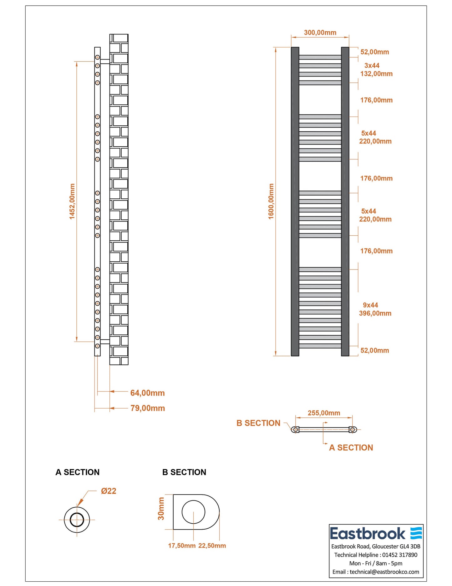 Eastbrook Wingrave Straight Matt Anthracite Towel Rail 1600mm x 300mm Technical Image 89.0674