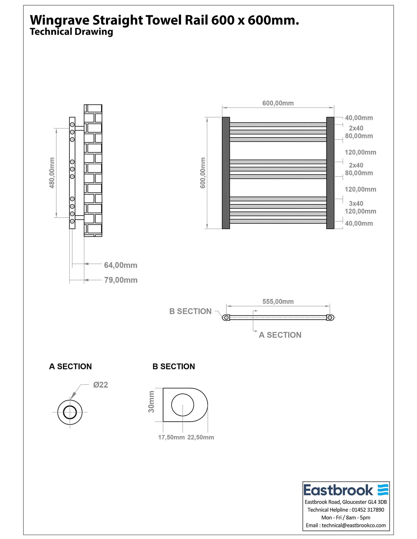 Eastbrook Wingrave Straight Matt Anthracite Towel Rail 600mm x 600mm Technical Image 89.0669