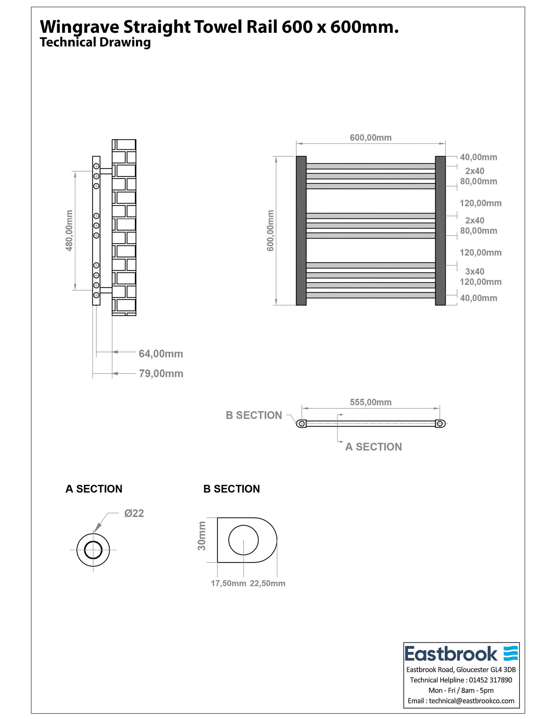 Eastbrook Wingrave Straight Matt Anthracite Towel Rail 600mm x 600mm Technical Image 89.0669