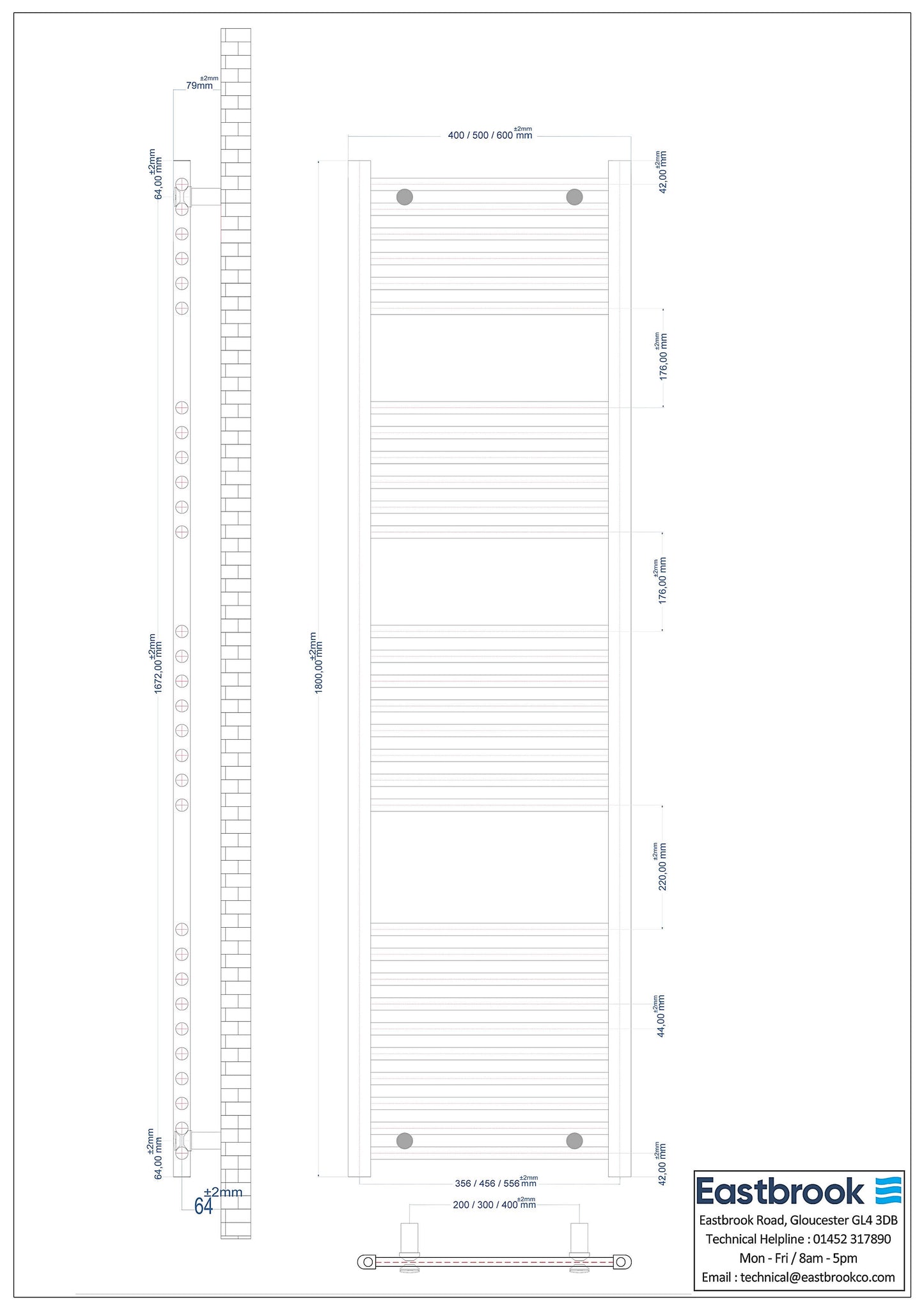 Eastbrook Wingrave Straight Matt Black Towel Rail 1800mm x 400mm Technical Image 89.0611