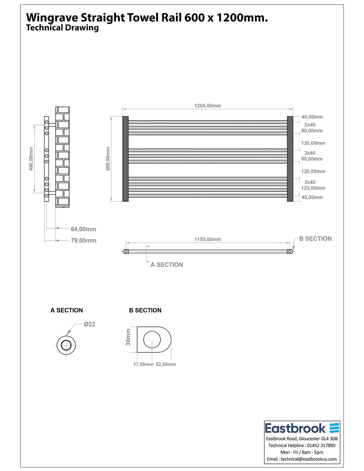 Eastbrook Wingrave Straight Matt Black Towel Rail 600mm x 1200mm Technical Image 89.1448