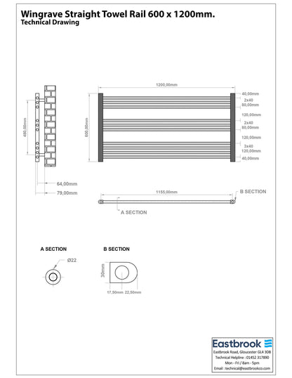 Eastbrook Wingrave Straight Matt Black Towel Rail 600mm x 1200mm Technical Image 89.1448