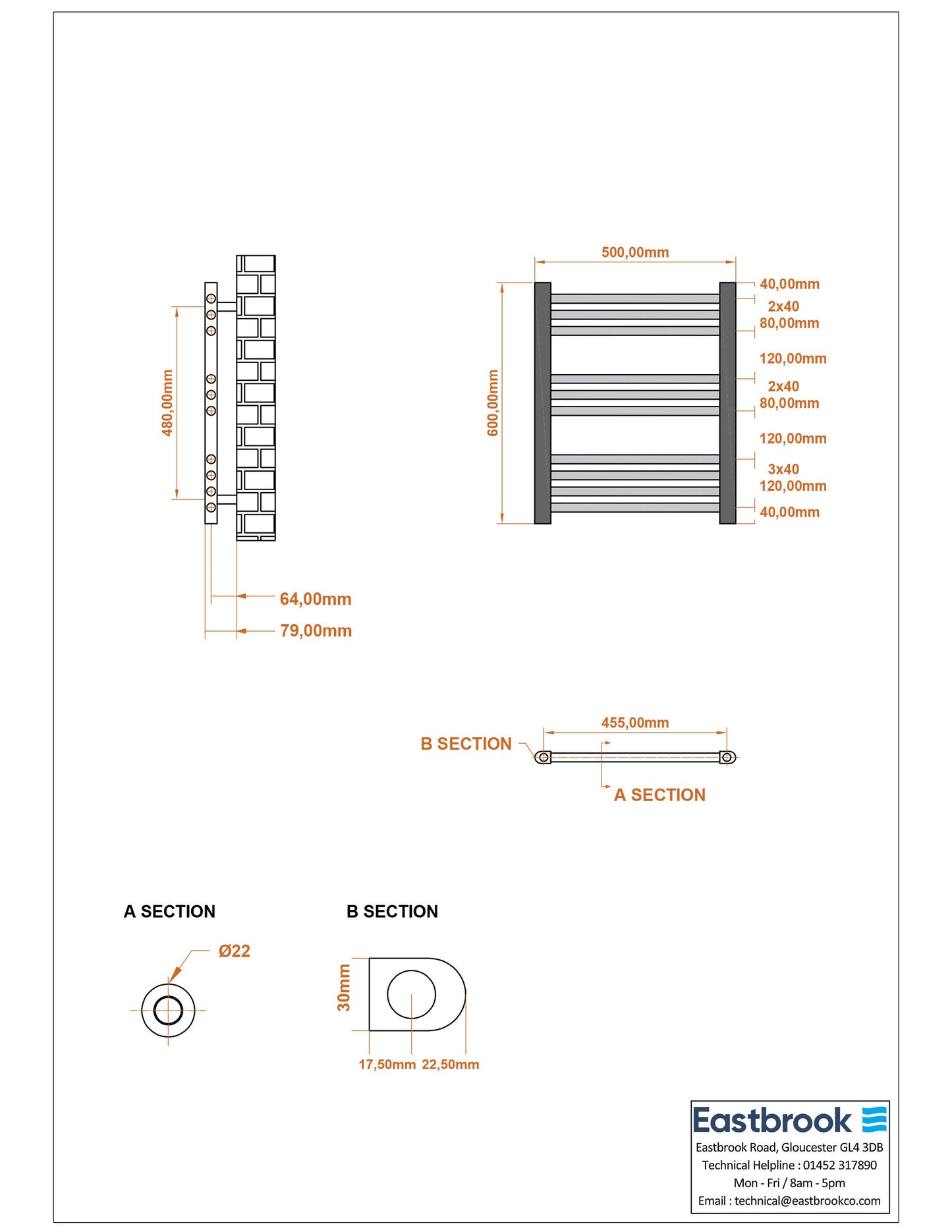 Eastbrook Wingrave Straight Matt Black Towel Rail 600mm x 500mm Technical Image 89.0678